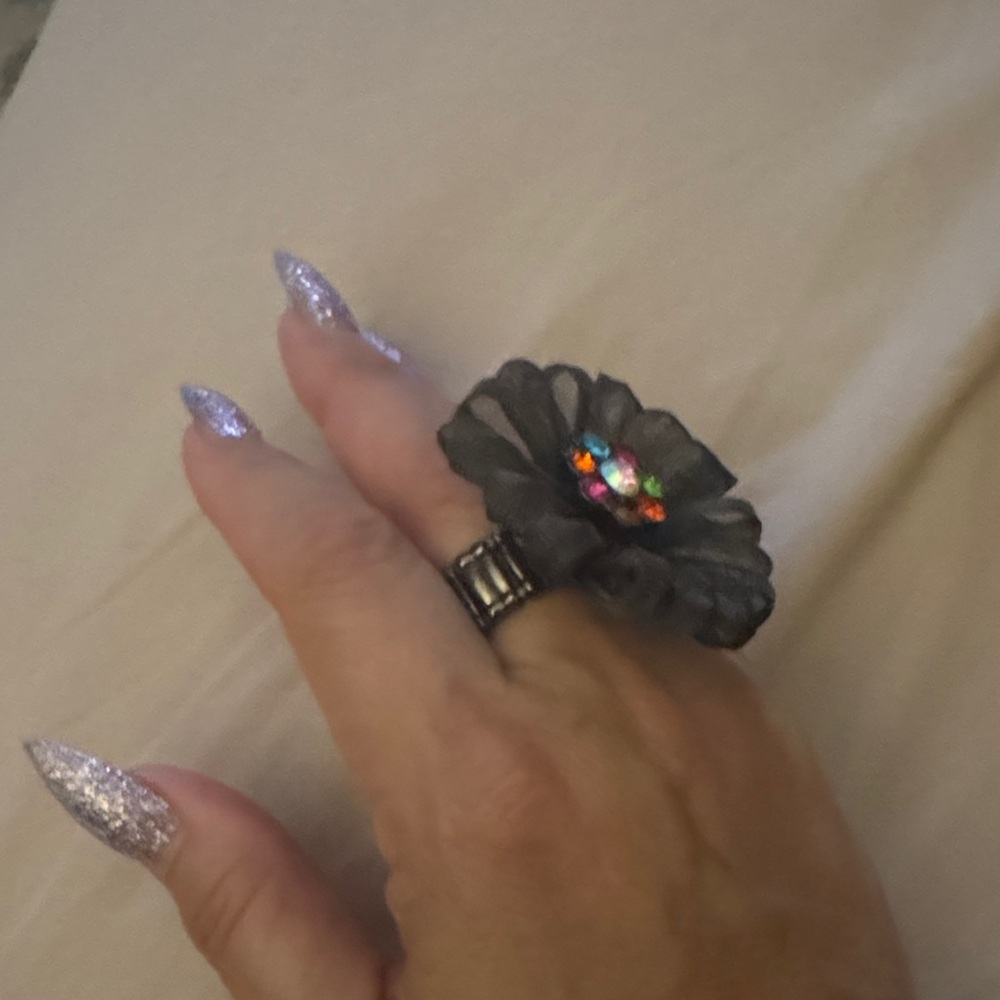 Black Flower Ring with Colorful Gemstones